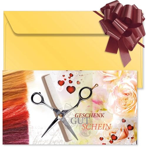 GESCHENKGUTSCHEINcom. 100 Formulare zum Erstellen eigener Gutscheine + Kuvert + Schleife, für Friseursalon Friseurzubehör Unternehmen. K12752-100-V1 von GESCHENKGUTSCHEINcom by POS-HAUER