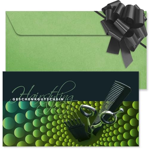 GESCHENKGUTSCHEINcom. 100 Formulare zum Erstellen eigener Gutscheine + Kuvert + Schleife, für Friseursalon Friseurzubehör Unternehmen. K12962-100-V1 von GESCHENKGUTSCHEINcom by POS-HAUER