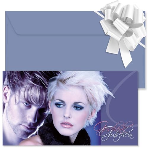 GESCHENKGUTSCHEINcom. 100 Formulare zum Erstellen eigener Gutscheine + Kuvert + Schleife, für Friseursalon Friseurzubehör Unternehmen. K17012-100-V1 von GESCHENKGUTSCHEINcom by POS-HAUER