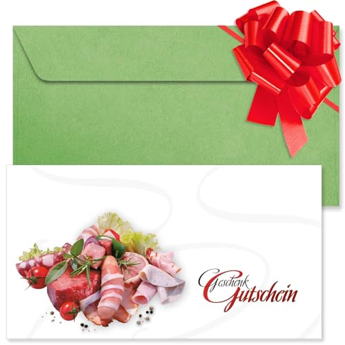 GESCHENKGUTSCHEINcom. 50 Formulare zum Erstellen eigener Gutscheine + Kuvert + Schleife, für Fleischhauerei Fleisch- und Wurstwaren. M12112-50-V1 von GESCHENKGUTSCHEINcom by POS-HAUER