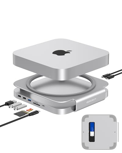 GEWOKLIY Mac Mini Dock und Halterung mit SSD-Gehäuse für NVME/SATA M.2, 10 Gbit/s USB-A/C-Anschluss, TF/SD Kartenleser, Mac Mini-Ständer für Mac Mini M1/M2 und Mac Studio | Zubehör von GEWOKLIY