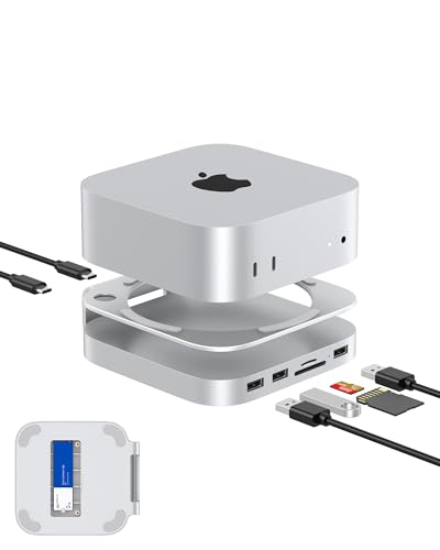 GEWOKLIY Mac Mini M4 Dock, Aluminium Ständer und Hub Mit M.2 NVMe SSD-Gehäuse, 2 x USB-A 10 Gbit/s, SD/TF-Kartenleser, USB 2.0 Daten (Silber) │Zubehör von GEWOKLIY