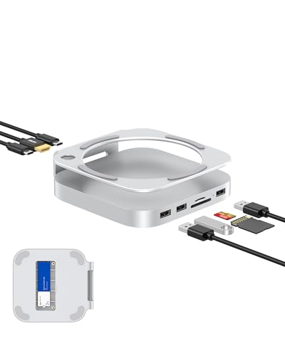 GEWOKLIY Mac Mini Dock, Aluminium-Ständer und Hub für Mac Mini M4/M4 Pro 2024 mit M.2 NVMe SSD-Gehäuse, 4K 60Hz HDMI, 2 x USB-A 10 Gbit/s, SD/TF-Kartenleser, USB 2.0 Daten (Silber) Zubehör von GEWOKLIY