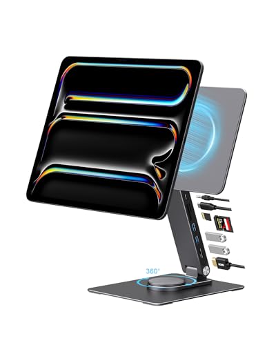 GEWOKLIY iPad Pro Magnetischer Ständer Hub Mit 360° Rotation, 4K HDMI, Kartenlesern, USB3.0 5Gbps, 100W PD, 3,5mm Audio - Faltbarer Dock Für 33,0 cm (M4) 2024 von GEWOKLIY