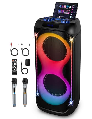 Karaoke Anlage mit 2 Drahtlosen Mikrofonen, 2 × 8" Subwoofer Großer Lautsprecher Bluetooth mit Disco Lichtern, Party Karaoke Maschine Unterstützung TWS/USB/SD Karte/AUX GPSK28-1 von GEYGUY