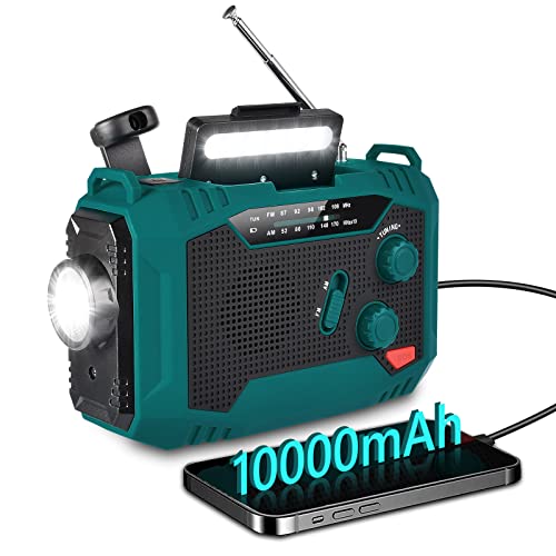 Solar Kurbelradio 10000mAh, FM/AM Solar Radio Tragbare Notfallradio Radio Batteriebetrieben mit 10000mAh Wiederaufladbare Powerbank/Taschenlampe/Leselicht/SOS Alarm, für Blackout,Camping,Notfall von GEYUEYA Home