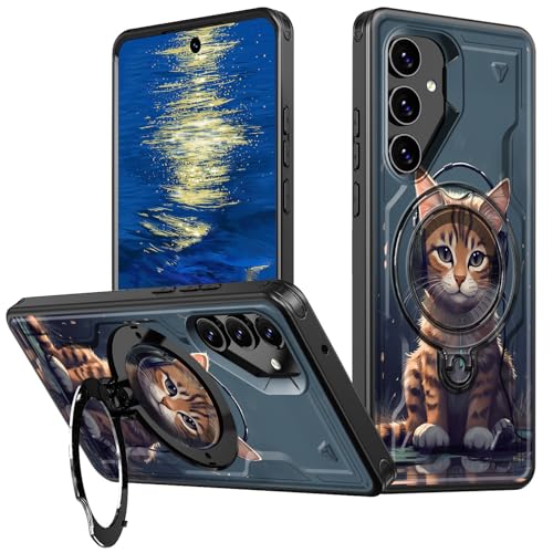 GFRGTFHYT Galaxy S25 5G Handyhülle für Samsung S24 mit Ringhalter, Ständer, Ständer, strapazierfähig, stoßfest, Schutzhülle für Samsung Galaxy S24/S25 5G 6,2 Zoll, Katze mit Kopfhörern von GFRGTFHYT