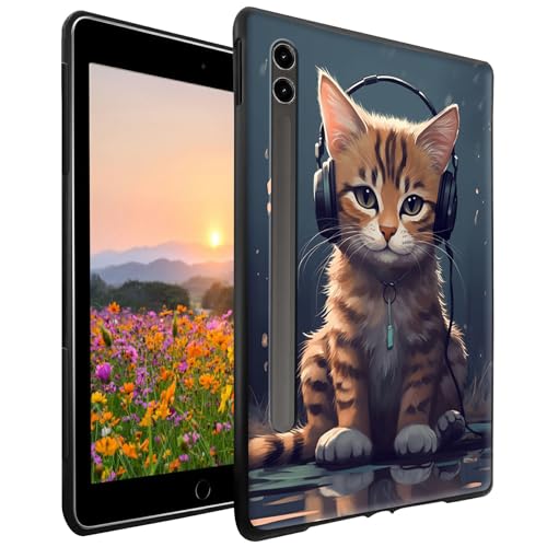 GFRGTFHYT Hülle für Samsung Galaxy Tab S8 Plus 2022 / S7 FE 2021 / S7 Plus 2020 12,4 Zoll Tablet Cover Schlank Leicht Weich TPU Silikon Stoßfest Schutzhülle Rückschale Katze mit Kopfhörer von GFRGTFHYT