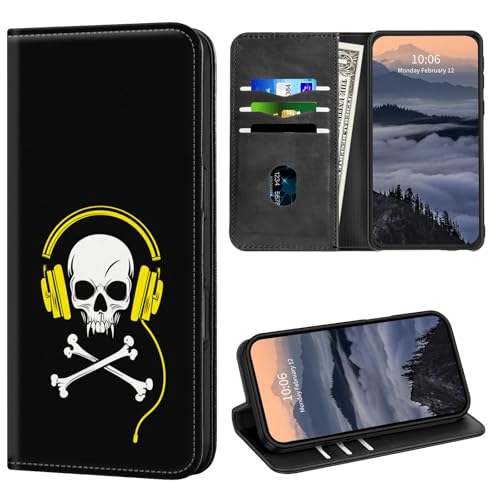 GFRGTFHYT Schutzhülle für OnePlus Nord N30 5G / CE3 Lite mit RFID-Blockierung, Kartenfächern, Ständer, starkem magnetischem PU-Leder, Kreditkartenhalter, Klappetui, Schutzhülle, Totenkopf-Kopfhörer von GFRGTFHYT