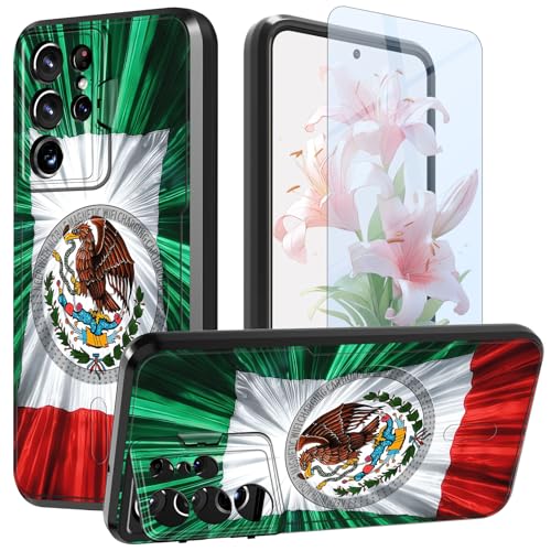 GFRGTFHYT Schutzhülle für Samsung Galaxy S21 Ultra 5G 2021, 17,3 cm (6,8 Zoll), mit Displayschutzfolie und Kamera-Abdeckung, Ständer, zweilagig, Hybrid-Schutzhülle, stoßfest, Mexiko-Flagge von GFRGTFHYT
