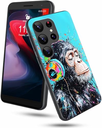 GFRGTFHYT Schutzhülle für Samsung Galaxy S25 Ultra, 17,5 cm (6,9 Zoll), 2025, dünn, weich, Silikon, TPU, mit Kopfhörer, Schimpansen-Affen-Design, stoßfeste Schutzhülle für Samsung S25 Ultra 5G von GFRGTFHYT