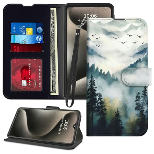 GFRGTFHYT Schutzhülle für TCL 40 XE 5G 16,7 cm (6,5 Zoll) 2023, PU-Leder, Magnetverschluss, Ständer, Kartenfächer, Handschlaufe, Handyhülle für TCL 40XE 5G 16,7 cm (6,5 Zoll) 2023, Misty Forest von GFRGTFHYT