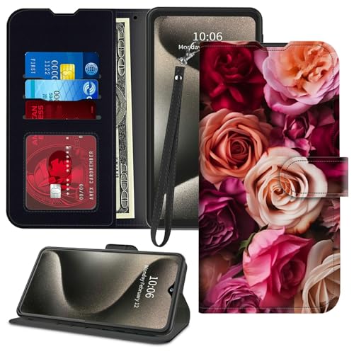 GFRGTFHYT Schutzhülle für TCL 40 XE 5G 16,7 cm (6,5 Zoll) 2023, PU-Leder, Magnetverschluss, Ständer, Kartenfächer, Handschlaufe, Handyhülle für TCL 40XE 5G 16,7 cm (6,5 Zoll) 2023, Rosen-Blumen von GFRGTFHYT