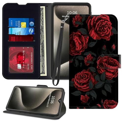 GFRGTFHYT Schutzhülle für TCL 40 XE 5G 16,7 cm (6,5 Zoll) 2023, PU-Leder, Magnetverschluss, Ständer, Kartenfächer, Handschlaufe, Handyhülle für TCL 40XE 5G 16,7 cm (6,5 Zoll) 2023, rote Rosen von GFRGTFHYT