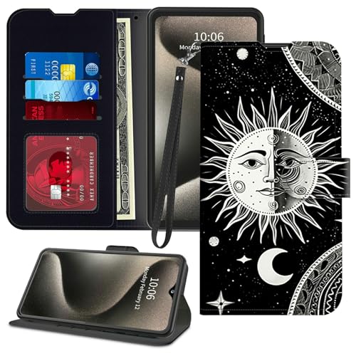 GFRGTFHYT Schutzhülle für TCL 40 XE 5G 16,7 cm (6,6 Zoll) 2023, PU-Leder, Magnetverschluss, Ständer, Kartenfächer, Handschlaufe, Handyhülle für TCL 40XE 5G, 16,7 cm (6,5 Zoll) 2023, Mond und Sonne von GFRGTFHYT