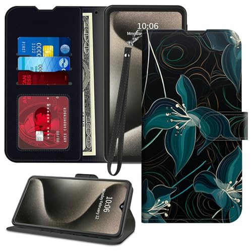 GFRGTFHYT Schutzhülle für TCL 40 XE 5G 16,7 cm (6,6 Zoll) 2023, PU-Leder, Magnetverschluss, Ständer, Kartenfächer, Handschlaufe, Handyhülle für TCL 40XE 5G 16,7 cm (6,5 Zoll) 2023, blaue Kunstblume von GFRGTFHYT
