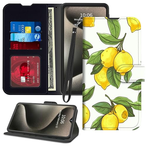 GFRGTFHYT Schutzhülle für TCL 40 XE 5G 16,7 cm (6,6 Zoll) 2023, PU-Leder, Magnetverschluss, Ständer, Kartenfächer, Handschlaufe, Handyhülle für TCL 40XE 5G 16,7 cm (6,6 Zoll) 2023, Zitronen von GFRGTFHYT
