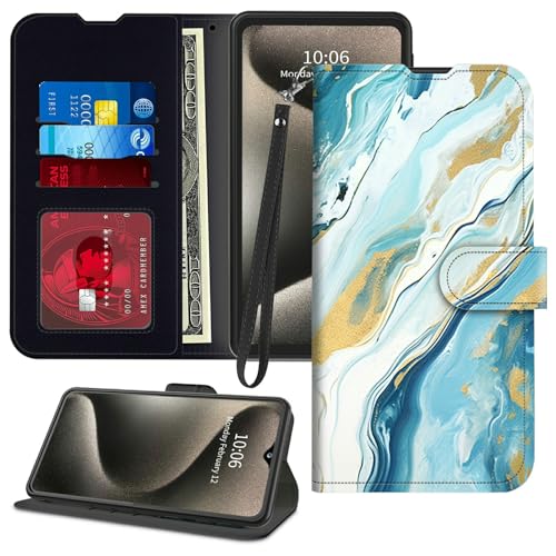 GFRGTFHYT Schutzhülle für TCL 40 XE 5G 16,7 cm (6,6 Zoll) 2023, PU-Leder, magnetischer Klappständer, Kartenfächer, Handschlaufe, modernes Blaugrün Marmor von GFRGTFHYT