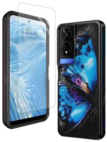 GFRGTFHYT Schutzhülle für TCL 50 XE 5G, 16,7 cm (6,5 Zoll), 2024, mit Displayschutzfolie aus gehärtetem Glas, blauer Schmetterling, robuster Schutz, zweilagig, weiches TPU und rutschfeste von GFRGTFHYT