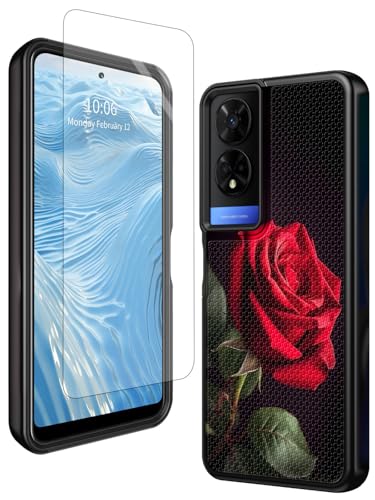 GFRGTFHYT Schutzhülle für TCL 50 XE 5G, 16,7 cm (6,5 Zoll), 2024, mit Displayschutzfolie aus gehärtetem Glas, rote Rose, robuster Schutz, zweilagig, weiches TPU und rutschfestes, strukturiertes von GFRGTFHYT