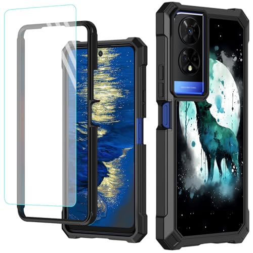 GFRGTFHYT Schutzhülle für TCL 50 XE 5G, 16,7 cm (6,5 Zoll), mit Displayschutzfolie aus gehärtetem Glas, robust, stoßfest, für TCL 50 XE, Aquarell, Wolf, Mond von GFRGTFHYT