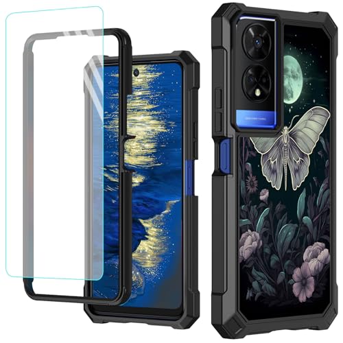 GFRGTFHYT Schutzhülle für TCL 50 XE 5G, 16,7 cm (6,5 Zoll), mit Displayschutzfolie aus gehärtetem Glas, robust, stoßfest, für TCL 50 XE, Motten-Schmetterling, Mond von GFRGTFHYT