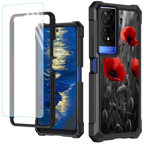 GFRGTFHYT Schutzhülle für TCL 50 XE 5G, 16,7 cm (6,5 Zoll), mit Displayschutzfolie aus gehärtetem Glas, robust, stoßfest, für TCL 50XE 5G, Mohnblumenmotiv von GFRGTFHYT