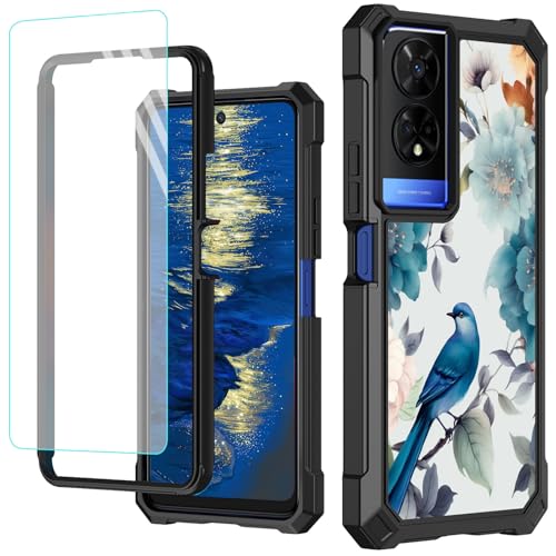 GFRGTFHYT Schutzhülle für TCL 50 XE 5G, 16,7 cm (6,5 Zoll), mit Displayschutzfolie aus gehärtetem Glas, robust, stoßfest, für TCL 50XE 5G, Vogelblumen von GFRGTFHYT