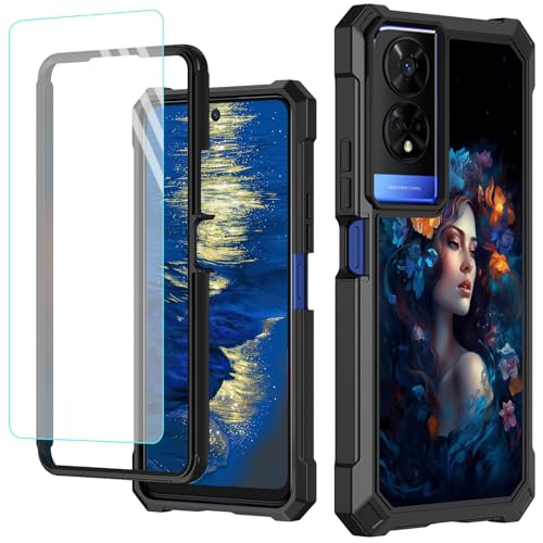 GFRGTFHYT Schutzhülle für TCL 50 XE 5G, 16,7 cm (6,5 Zoll), mit Displayschutzfolie aus gehärtetem Glas, robust, stoßfest, für TCL 50XE 5G, blaue Blume für Damen von GFRGTFHYT
