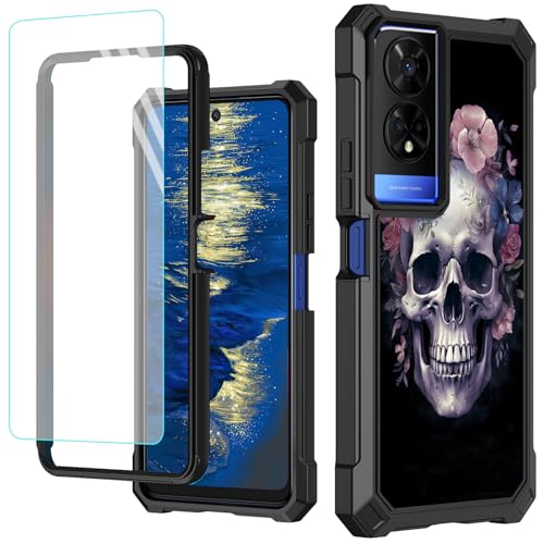 GFRGTFHYT Schutzhülle für TCL 50 XE 5G, 16,7 cm (6,5 Zoll), mit Displayschutzfolie aus gehärtetem Glas, robust, stoßfest, für TCL 50XE 5G, niedliche Totenkopf-Blumen von GFRGTFHYT
