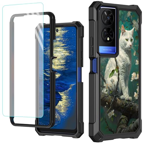 GFRGTFHYT Schutzhülle für TCL 50 XE 5G, 16,7 cm (6,5 Zoll), mit Displayschutzfolie aus gehärtetem Glas, robust, stoßfest, für TCL 50XE 5G, weiße Katze, Blume von GFRGTFHYT