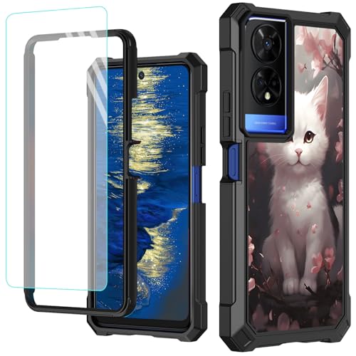 GFRGTFHYT Schutzhülle für TCL 50 XE 5G, 16,7 cm (6,5 Zoll), mit Displayschutzfolie aus gehärtetem Glas, robust, stoßfest, für TCL 50XE 5G, weiße Katze von GFRGTFHYT