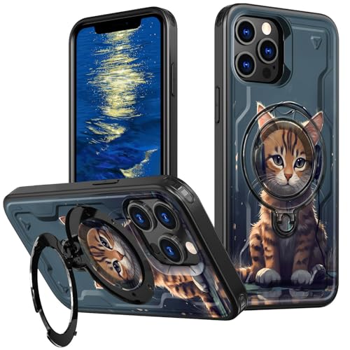 GFRGTFHYT Schutzhülle für iPhone 14 Pro (6,1 Zoll), integrierter Ringhalter, Ständer, Hybrid-Abdeckung, strapazierfähig, stoßfest, vollständige Schutzhülle für iPhone 14 Pro 2022, Katze mit Kopfhörern von GFRGTFHYT