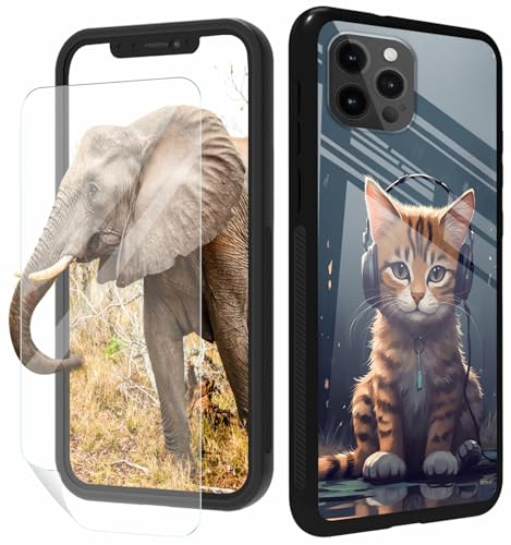 GFRGTFHYT Schutzhülle für iPhone 14 Pro Max, 6,7 Zoll (17 cm), mit Displayschutzfolie, schlankes gehärtetes Glas, schwarze Abdeckung, Katze mit Kopfhörer-Design, für Damen und Herren, stoßfeste von GFRGTFHYT