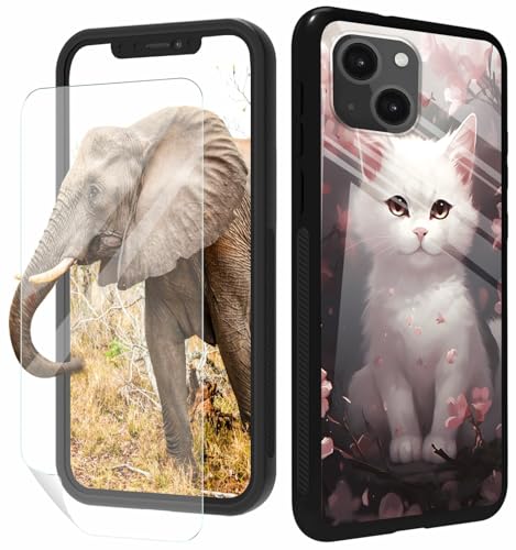 GFRGTFHYT Schutzhülle für iPhone 15, 15,5 cm (6,1 Zoll), mit Displayschutzfolie, schlankes gehärtetes Glas, schwarze Abdeckung, weißes Katzen-Design, für Damen und Herren, stoßfeste Schutzhülle für von GFRGTFHYT