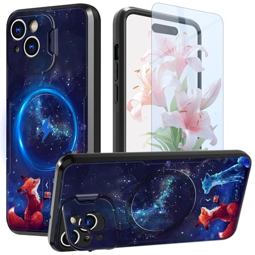 GFRGTFHYT Schutzhülle für iPhone 15/14 Plus, 17 cm (6,7 Zoll), mit Kamera-Abdeckung, Ständer und Displayschutzfolie, integrierte Magnete, Ständer, zweilagig, Hybrid-Schutzhülle für iPhone 15/14 Plus von GFRGTFHYT