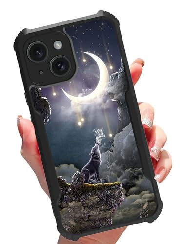 GFRGTFHYT Schutzhülle für iPhone 15 Plus, 17 cm (6,7 Zoll), für Damen und Herren, Kunst, Wolf, Mond, schlank, stoßfest, weiche TPU-Ecken, Stoßschutz, Hartplastik, Hybrid-Schutzhülle für iPhone 15 Plus von GFRGTFHYT