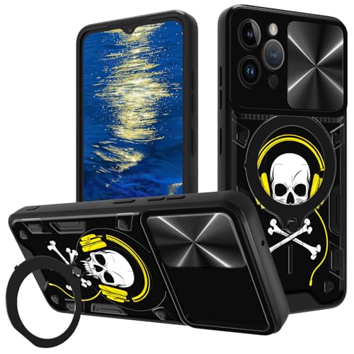 GFRGTFHYT Schutzhülle für iPhone 15 Pro Max (6,7 Zoll) mit Schiebe-Kamera-Abdeckung und Ringständer, Totenkopf-Kopfhörer-Design, zweilagig, Hybrid-Schutzhülle, strapazierfähig, stoßfest von GFRGTFHYT