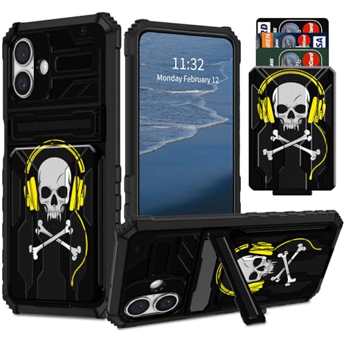 GFRGTFHYT Schutzhülle für iPhone 16, 15,5 cm (6,1 Zoll), Kreditkartenfach und Ständer, zweilagig, Hybrid-Hülle mit Totenkopf-Kopfhörer-Design, strapazierfähig, stoßfest, kratzfest, Schutzhülle für von GFRGTFHYT