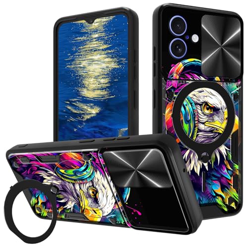 GFRGTFHYT Schutzhülle für iPhone 16, 15,5 cm (6,1 Zoll), mit Schiebe-Kamera-Abdeckung und 360 Grad drehbarem Ringständer, Ständer, Adler mit Kopfhörern, doppellagig, Hybrid-Hülle, strapazierfähig von GFRGTFHYT