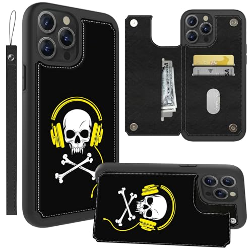 GFRGTFHYT Schutzhülle für iPhone 16 Pro, 16 cm (6,3 Zoll), Totenkopf-Kopfhörer, PU-Leder, Handgelenkschlaufe, Kreditkartenfächer, Magnetverschluss, Ständer, Flip, stoßfest, Schutzhülle für iPhone 16 von GFRGTFHYT