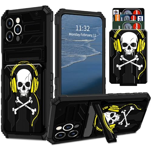 GFRGTFHYT Schutzhülle für iPhone 16 Pro Max, 17,5 cm (6,9 Zoll), Kreditkartenhalter und Ständer, zweilagig, Hybrid-Hülle, Totenkopf-Kopfhörer-Design, strapazierfähig, stoßfest, Schutzhülle für iPhone von GFRGTFHYT