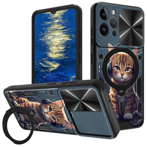 GFRGTFHYT Schutzhülle für iPhone 16 Pro Max (17,5 cm) mit Schiebe-Kamera-Abdeckung und Ring-Ständer, Katze mit Kopfhörer-Design, zweilagig, Hybrid-Schutzhülle, strapazierfähig, stoßfest von GFRGTFHYT