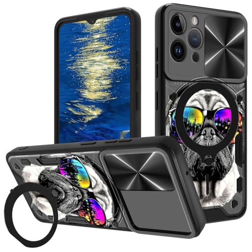GFRGTFHYT Schutzhülle für iPhone 16 Pro Max (17,5 cm) mit Schiebe-Kamera-Abdeckung und Ringständer, Hund mit Kopfhörer-Design, zweilagig, Hybrid-Schutzhülle für iPhone 16 Pro Max 2024 von GFRGTFHYT