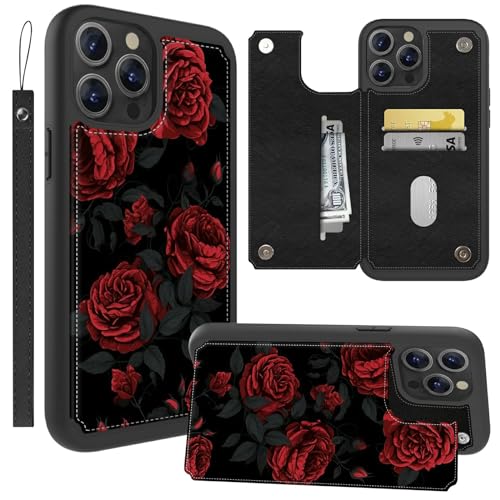 GFRGTFHYT Schutzhülle für iPhone 16 Pro Max 17,5 cm (6,9 Zoll) 2024, mit Kartenfächern, Handgelenkschlaufe, PU-Leder, Magnetverschluss, Ständer, Klapphülle, stoßfest, rote Rosen von GFRGTFHYT