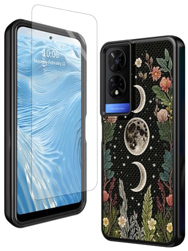GFRGTFHYT TCL 50XE 5G Handyhülle für TCL 50 XE 5G, 16,7 cm (6,5 Zoll), 2024, mit Displayschutzfolie aus gehärtetem Glas, Motiv: Blumen, Mond, Stern, strapazierfähig, zweilagig, weiches TPU und von GFRGTFHYT