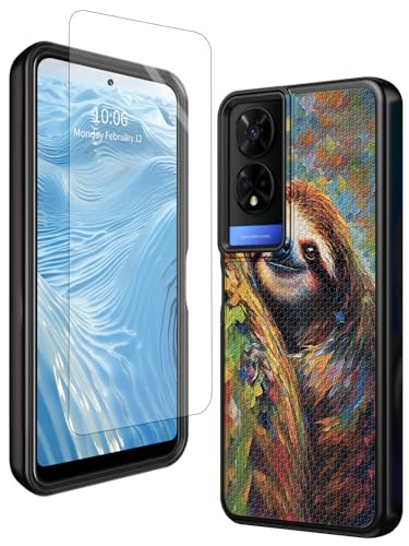 GFRGTFHYT TCL 50XE 5G Handyhülle für TCL 50 XE 5G, 16,7 cm (6,5 Zoll), 2024, mit Displayschutzfolie aus gehärtetem Glas, niedliches Faultier, robuster Schutz, zweilagig, weiches TPU und rutschfeste von GFRGTFHYT