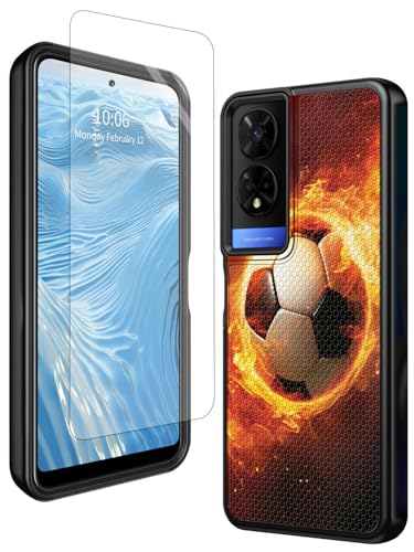 GFRGTFHYT TCL 50XE 5G Handyhülle für TCL 50 XE 5G, 16,7 cm (6,5 Zoll), 2024, mit gehärtetem Glas, Feuerfußball, robuster Schutz, zweilagig, weiches TPU und rutschfeste, strukturierte PC-Rückseite von GFRGTFHYT