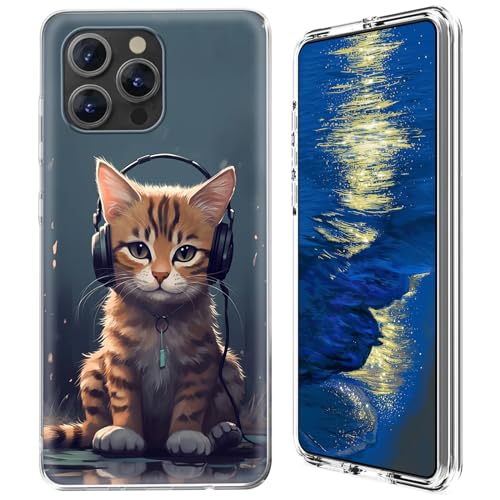 GFRGTFHYT Transparente Schutzhülle für iPhone 16 Pro, 16,3 cm (6,3 Zoll), zweilagig, Hybrid-Katze, mit Kopfhörer-Muster, für Damen und Herren, transparent, harter PC & weiches TPU, stoßfeste von GFRGTFHYT