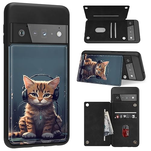 Schutzhülle für Google Pixel 6 Pro 2021, mit Kartenhalter, PU-Leder, Ständer, Klappetui, Kartenfächer, Magnetverschluss, Handyhülle für Pixel 6 Pro 2021, Katze mit Kopfhörern Schutzhülle für Google Pixel 6 Pro 2021, mit Kartenhalter, PU-Leder, Ständer, Klappetui, Kartenfächer, Magnetverschluss, Handyhülle für Pixel 6 Pro 2021, Katze mit Kopfhörern von GFRGTFHYT